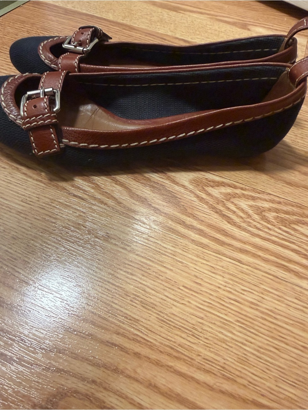 Chloe Brown Leather-Trim Black Canvas Flats with Buckle - Picture 8 of 12